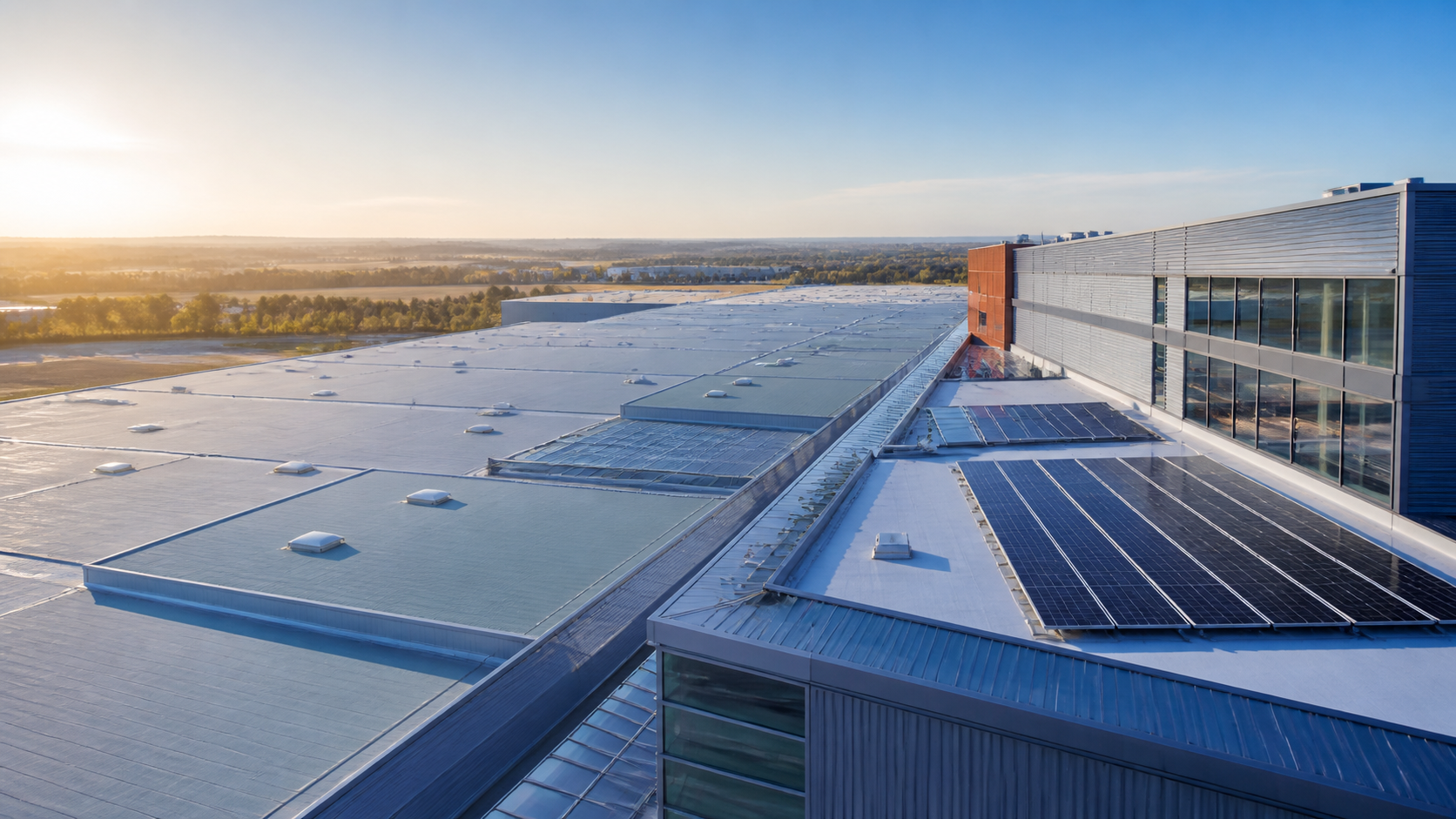 Modern industrial roof exposed to low-angle sunlight